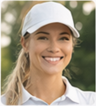 Smiling woman in a white cap outdoors.