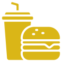 Icon of a burger and a soft drink cup with a straw.