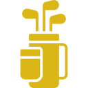 A yellow golf bag with clubs inside.