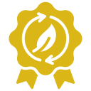 Gold award ribbon with a leaf and circular arrows symbol.